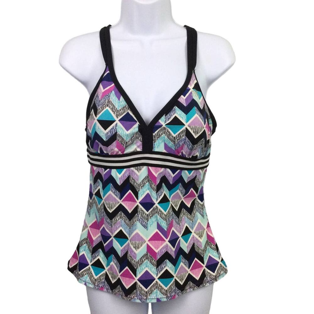 Zero Xposur Coastal Geometric Sporty Beach Racerback Tankini Swimwear Top S